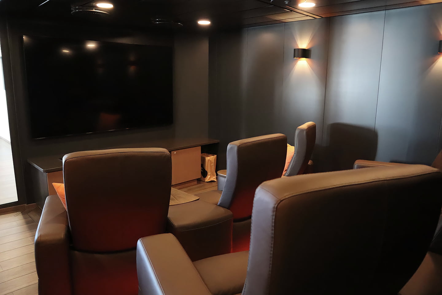 Cinema room with Stressless recliners in trawler vessel MS Gollenes